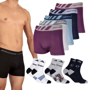 Kit Sortido com 5 Cuecas Altomax Boxer + 3 Pares de Meias